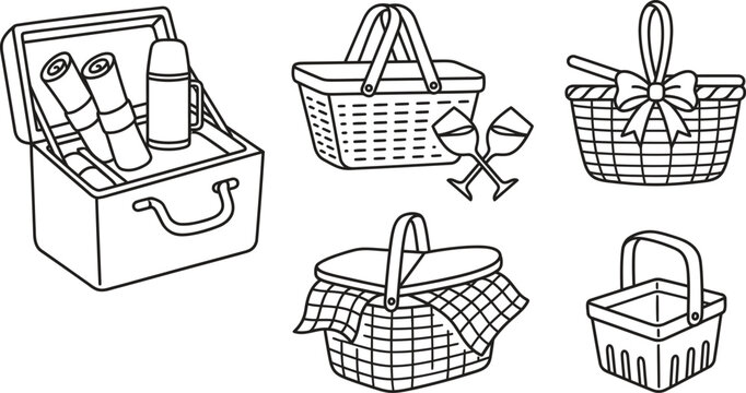 Picnic Baskets Set Thermal Cooler Box with Thermos Wicker Hamper with Wine Glasses Gingham Cloth and Ribbon Line Icon Set