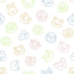 Obraz premium Animal face seamless pattern set featuring rabbit koala deer sloth lion fox raccoon sheep dog pig cow tiger mouse bear