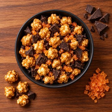 caramel popcorn fills a black bowl with chocolate nearby