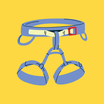 Blue Climbing Harness with Red Buckle, Waist Belt, Leg Loops and Gear Loops, Mountaineering Safety Equipment, Blue Yellow and Red Palette, Hand Drawn Flat Vector Illustration