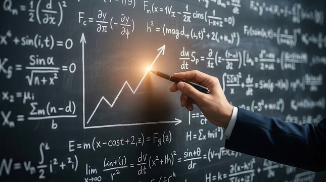 Educational concept of problem-solving featuring a hand pointing to a graph among complex math.