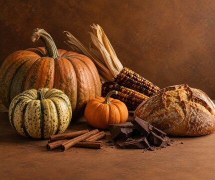 autumn produce frames bread and spices on a rustic table