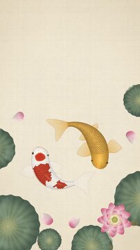 Two koi fish circling like yin yang among lotus leaves, Chinese silk painting style, vertical video background with copy space, seamless loop