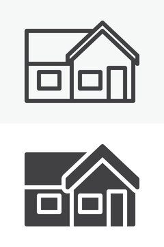 Country house icon set in line, outline and solid style. Rural home icon with annex and porch, editable stroke vector sign and symbol in two styles.