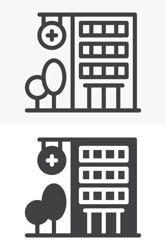 Hospital building with trees icon set in line, outline and solid style. Medical center icon, editable stroke vector sign and symbol with cross emblem.