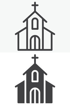 Church with holy cross icon set in line, outline and solid style. Religious building icon, editable stroke vector sign and symbol with chapel facade.