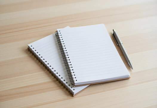 Productivity and planning open spiral notebooks with a metal pen on a wooden desk for business organization education and creative writing projects