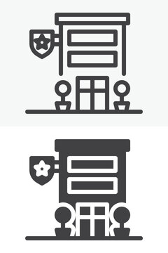 Police office building icon set in line, outline and solid style. Security station icon with shield badge, editable stroke vector sign and symbol.