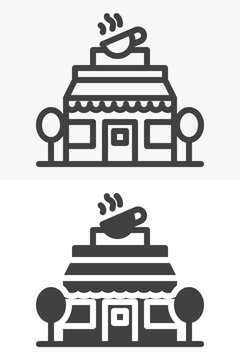 Coffee shop building icon set in line, outline and solid style. Cafe icon with cup sign and awning, editable stroke vector symbol and storefront facade.