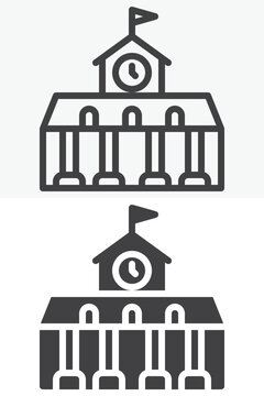 School building with clock icon set in line, outline and solid style. Education icon with flag and columns, editable stroke vector sign and symbol.