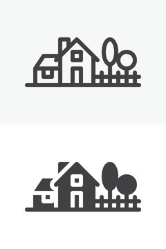 Country house icon set in line, outline and solid style. Rural home icon with fence and trees, editable stroke vector sign and symbol in two styles.