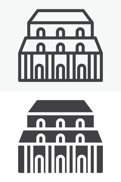 Palace building icon set in line, outline and solid style. Grand historic facade icon, editable stroke vector sign and symbol with arches and roof tiers.