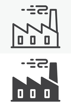 Factory building icon set in line, outline and solid style. Industrial plant icon with smokestack, editable stroke vector sign and symbol with zigzag roof.
