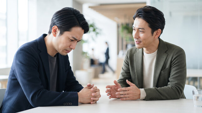 ビジネスの相談や悩みに親身に耳を傾ける男性同僚と落ち込むビジネスマン