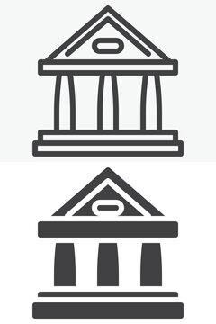 Court building icon set in line, outline and solid style. Justice temple icon with columns, editable stroke vector sign and symbol with pediment facade.