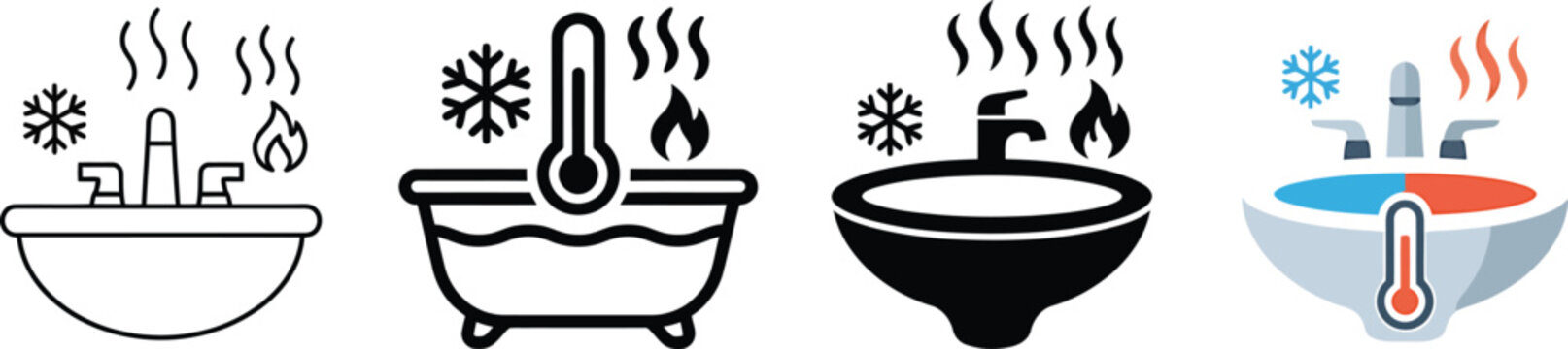 Set of minimalist vector icons illustrating temperature control for sinks and bathtubs with cold and hot water
