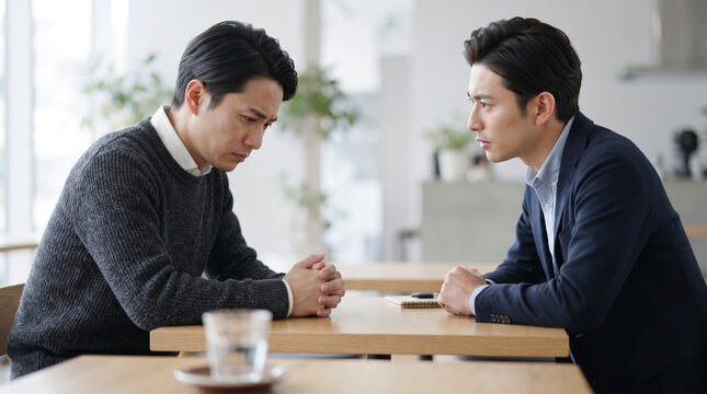 深刻な表情で対話する男性たちと深刻なトラブルの相談