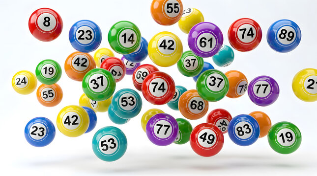 Colorful bingo balls bouncing in studio with clean white background for event promotion