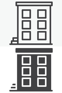 Three storey building icon set in line, outline and solid style. Tall residential block icon, editable stroke vector sign and symbol with window facade.
