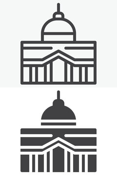 Capitol building icon set in line, outline and solid style. Government dome icon, editable stroke vector sign and symbol with classical civic facade.