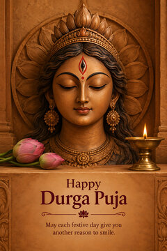Serene goddess durga sculpture with closed eyes lotus flowers glowing diya and carved temple background for durga puja and navratri celebration greeting