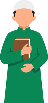 Flat Muslim Man Holding Holy Quran Book Wearing Green Thobe Vector Illustration   