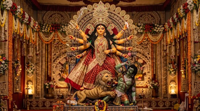 Magnificent durga idol illuminated during vibrant dussehra festival celebrations
