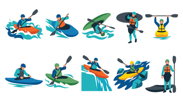 Kayaking and canoeing icons with active sportsmen in rapid water.
