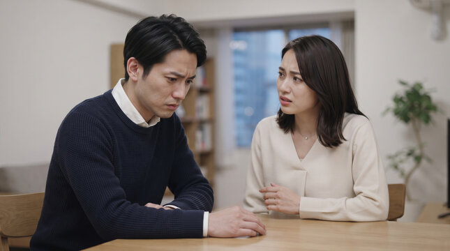 深刻な表情で話し合う夫婦やカップルのトラブルと悩みのイメージ