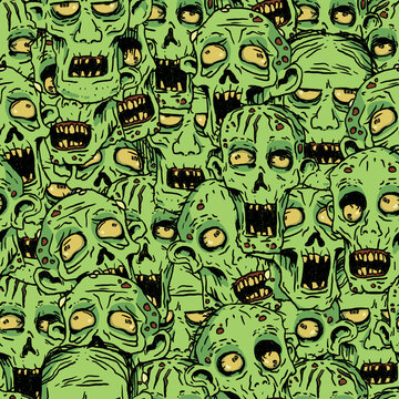 Hand-drawn seamless creepy pattern of scary zombie heads with open mouths, green skin, and yellow eyes, for Halloween textiles, gothic home decor, horror-themed wrapping paper, and apparel.