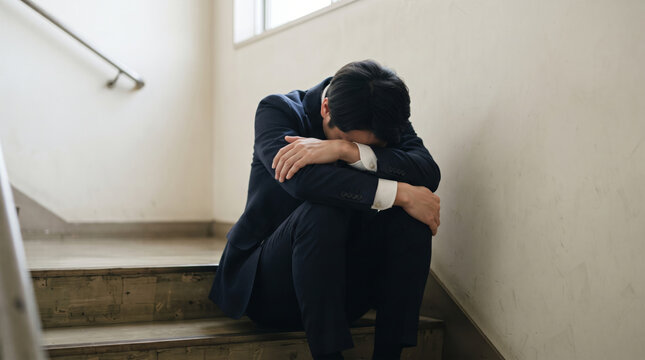仕事の絶望やストレスで膝を抱えて落ち込む男性会社員