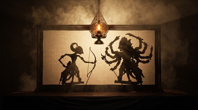 Wayang Kulit theater stage Arjuna bow vs Rahwana ten armed demon under blencong lamp with smoke