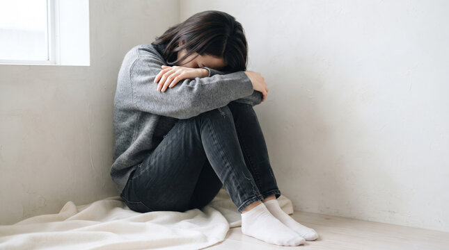 部屋の隅で膝を抱えてうつむく絶望した悩む女性