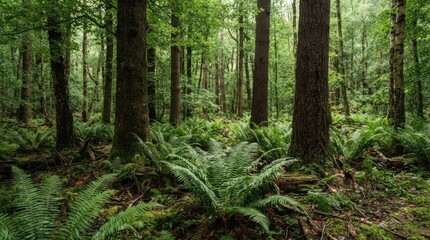 Obraz premium Lush green forest with dense ferns.