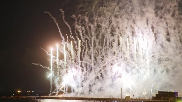 Amazing fireworks display over the coast of barcelona