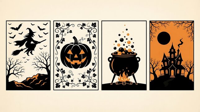 Vintage Halloween Tarot Cards Set of 4, Retro Spooky Occult Posters, Witch Pumpkin Cauldron and Haunted House Illustrations