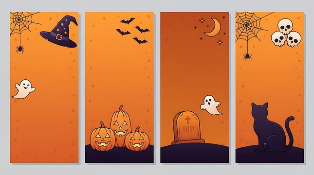 Halloween vertical banner templates set, orange spooky story backgrounds with pumpkins ghosts witch hat, halloween social media card layouts