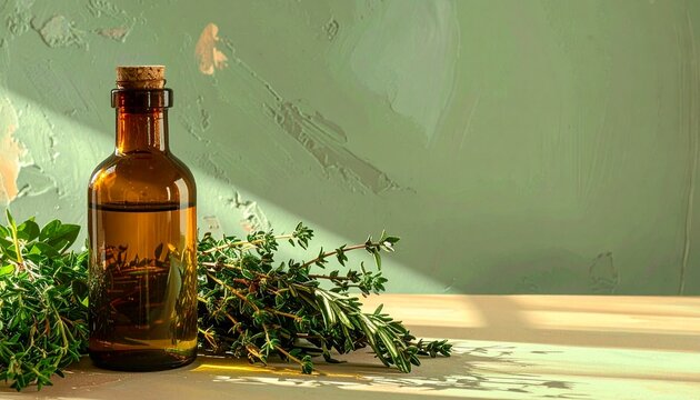 Amber Glass Bottle with Fresh Thyme Herbs on Green Textured Wall Aromatherapy Concept