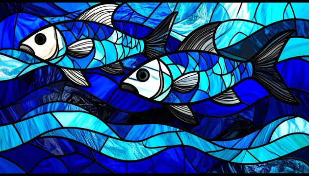 Stained Glass Fish Swimming in Blue Ocean Waves Art Decoration Concept