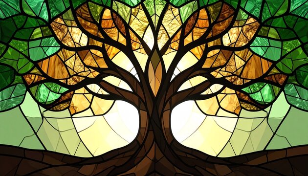 Stained Glass Tree of Life with Roots Glowing Spiritual Nature Concept