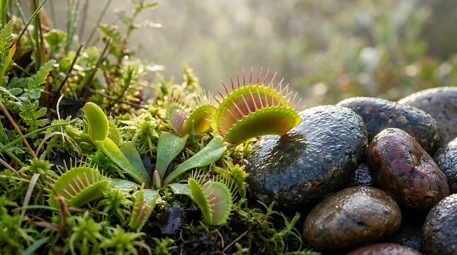 Close up of venus flytrap plants growing in a mossy wetland environment with wet stones