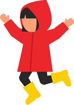 Flat Girl Jumping in Red Raincoat Hood Coat and Yellow Rain Boots Vector Illustration   