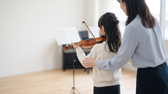 バイオリンのレッスンを受ける女の子と指導する女性講師
