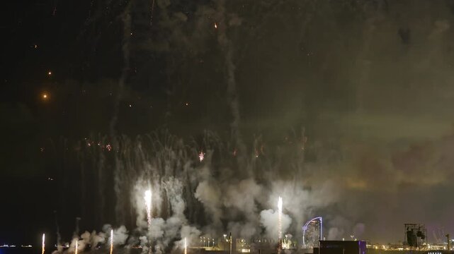 Amazing fireworks display over the coast of barcelona