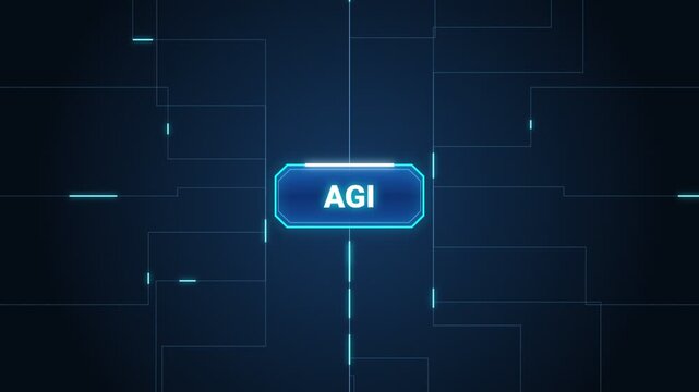 AGI artificial intelligence technology animation with blue circuit board lines and glowing tech background