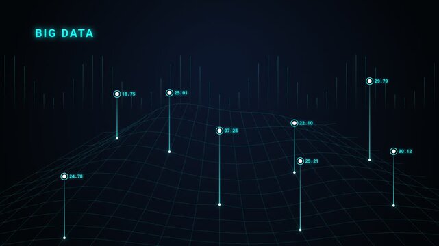 big data animation with glowing cyan terrain grid floating value points and data statistics on dark background