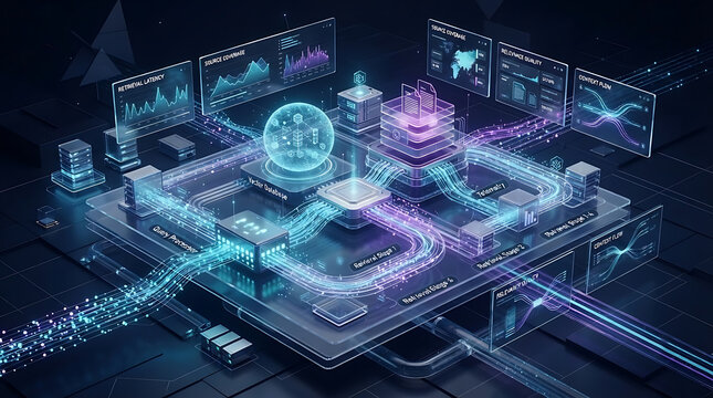 Enterprise RAG observability architecture monitoring retrieval latency, source coverage, relevance quality and contextual data flow across intelligent knowledge infrastructure