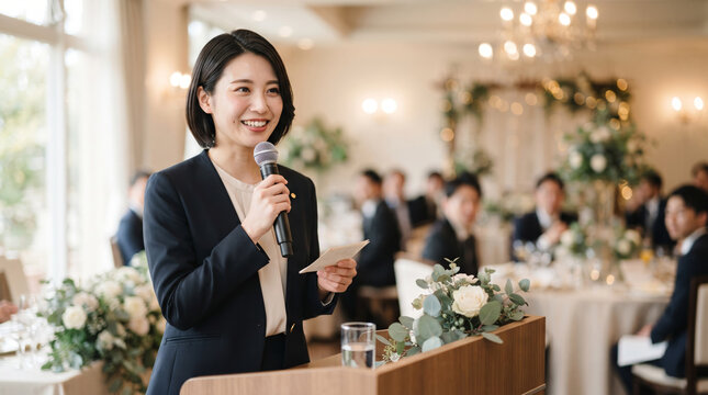 結婚式やパーティで笑顔でスピーチをする司会者の女性