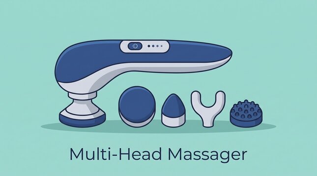 Multi-head electric handheld massager with interchangeable attachments for therapeutic body relief vector illustration