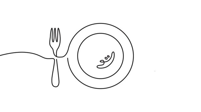 Minimalist continuous line of plate, fork, and knife restaurant and dining concept animation line dining